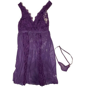 Avid Love‎ Lingerie Set Babydoll & Panty XL Purple Sheer Lace V String Thong